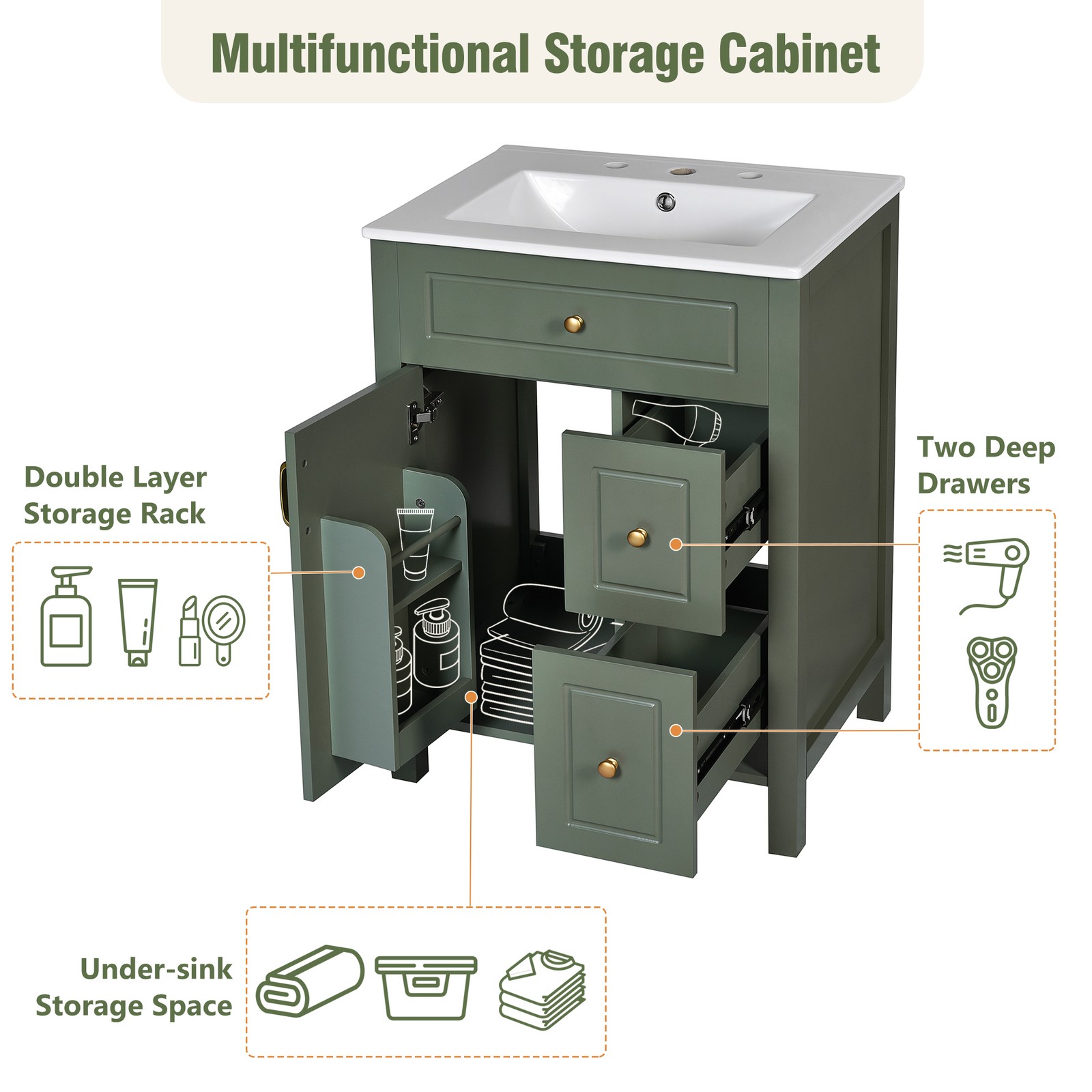 24″ Bathroom Vanity W/ Ceramic Sink 2 Soft-Close Drawers 1 Door Storage Cabinet
