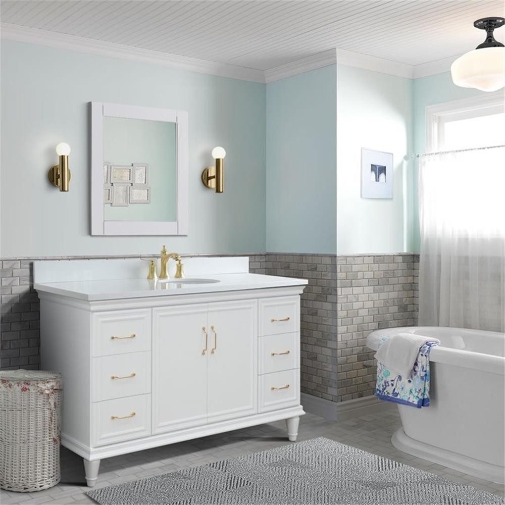 61 in. Single Wooden Vanity White with White Quartz Oval Sink