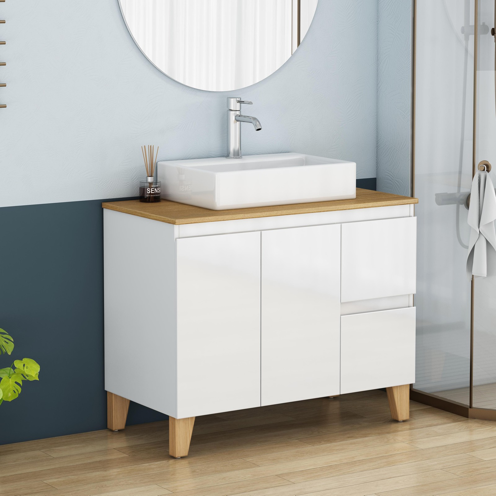 36 Inch Bathroom Vanity with Sink Combo, Glossy White, Solid Wood Top