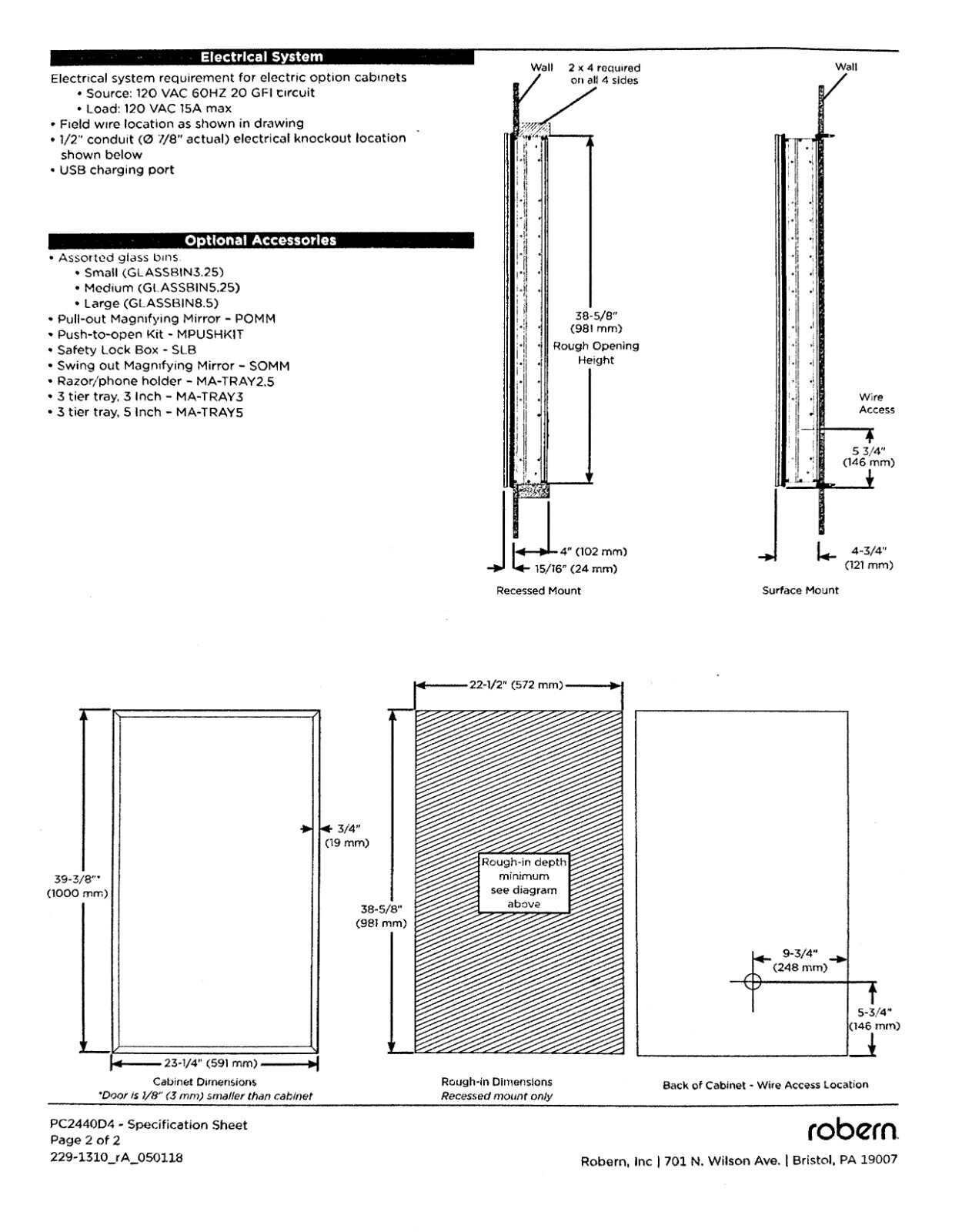 Robern PC2440D4TNN83 – Profiles Mirrored Cabinet – 24″ x 40″ x 4″ – Matte Black
