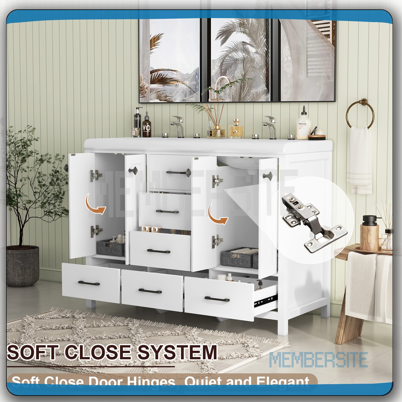 47.3″ Bathroom Vanity w/ Double Sinks Ceramic Cabinet and 5 Drawers Freestanding
