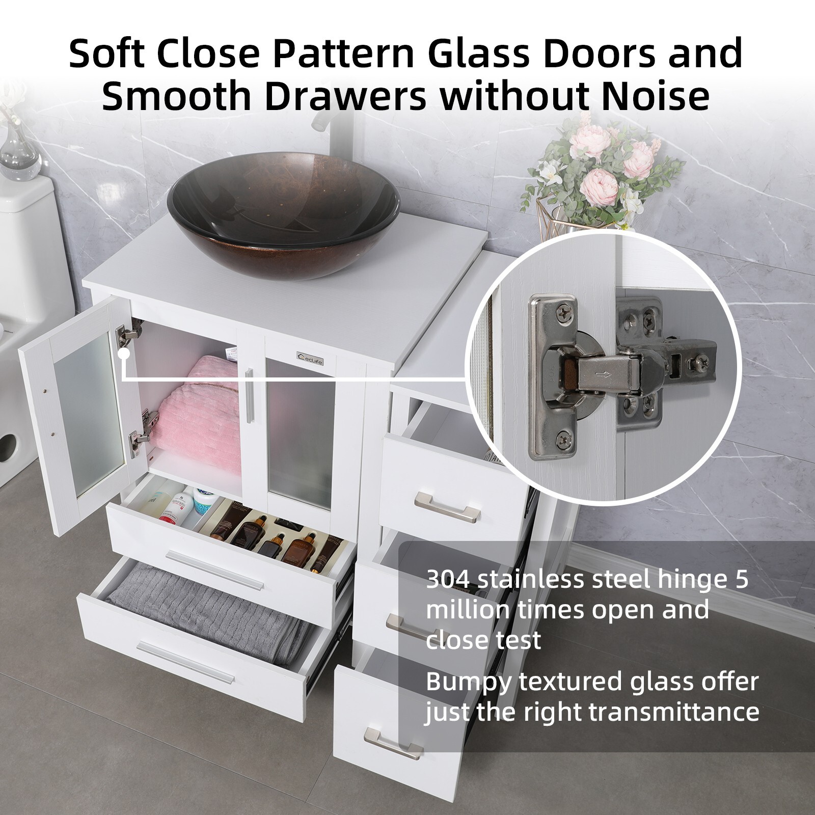 36″ White Bathroom Vanity Set Vessel Glass Sink Cabinet Small Combo No Mirror