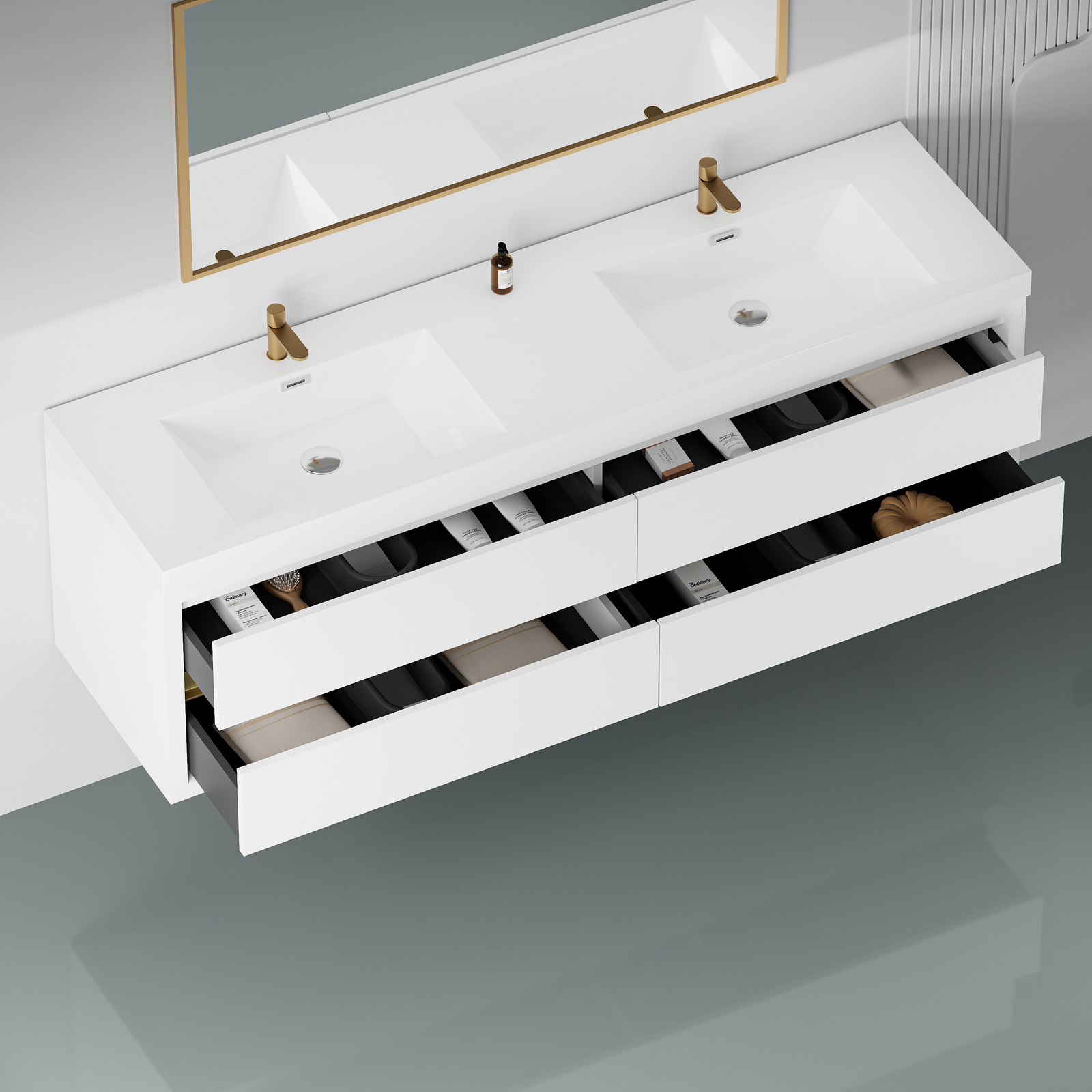 72″ Wall Mounted White Bathroom Vanity With Double Stone Resin Sink 4 Drawers