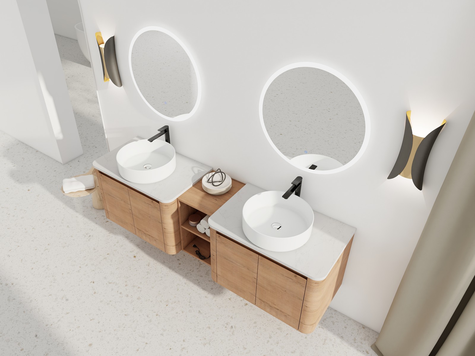 72in Wall-Mounted Bathroom Vanity W/ Double White Ceramic Basin Shelves Plywood