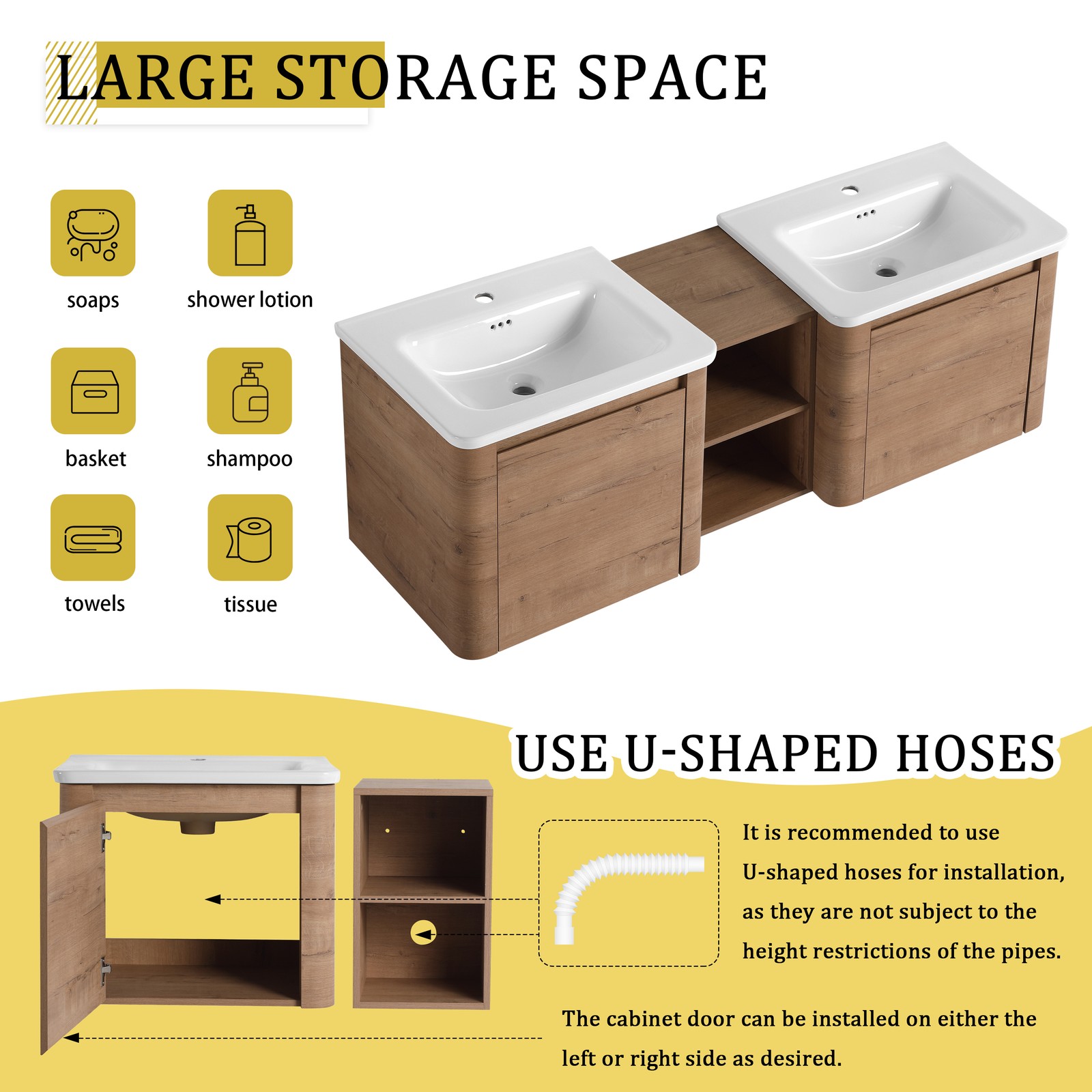 60in Wall-Mounted Bathroom Vanity W/ Double White Ceramic Sink Storage Shelves