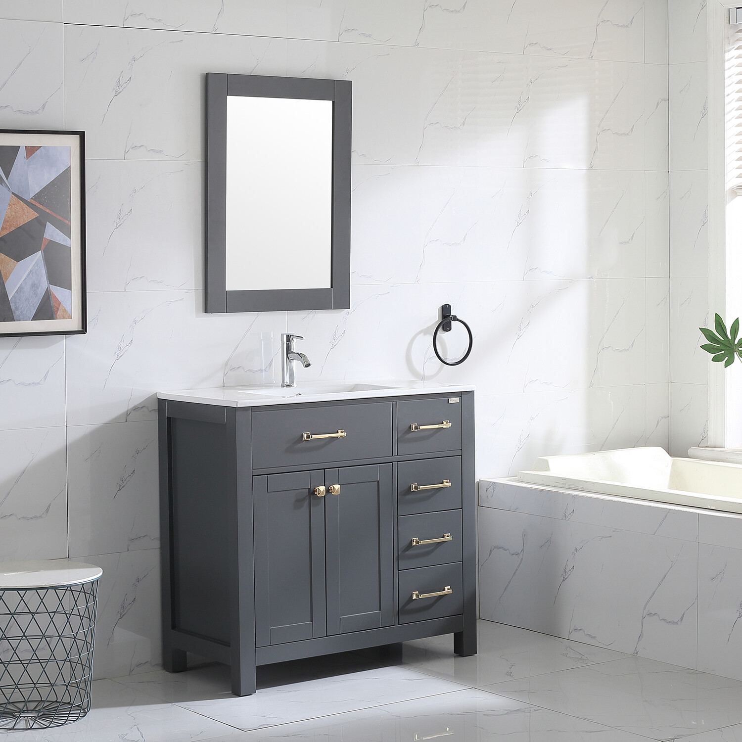 Wonline 36″ Bathroom Vanity Gray Cabinet & Ceramic Vessel Sink Shaker Vanity Set