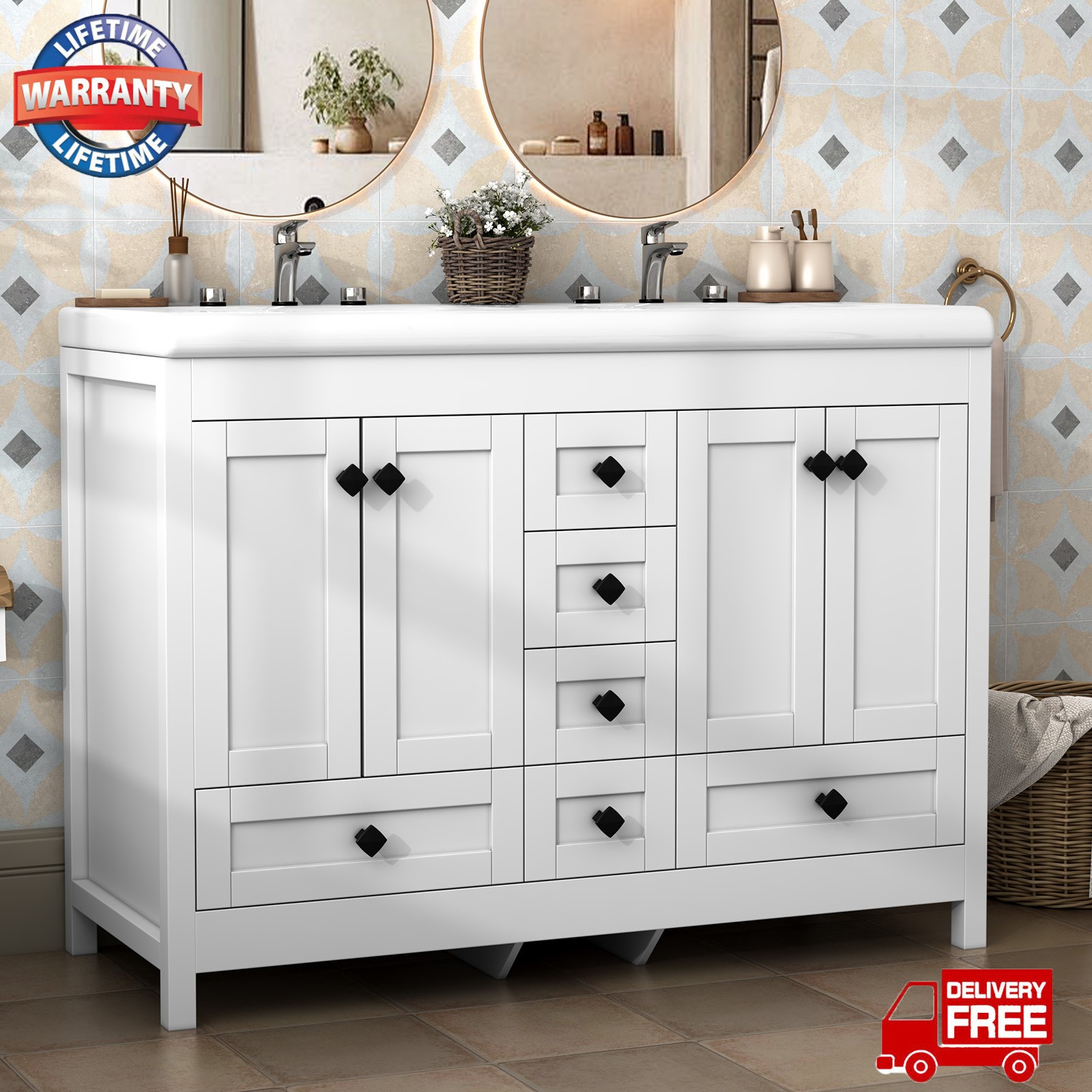 46″ Bathroom Vanity with Ceramic Sink Freestanding Storage Cabinet w/ 5 Drawers