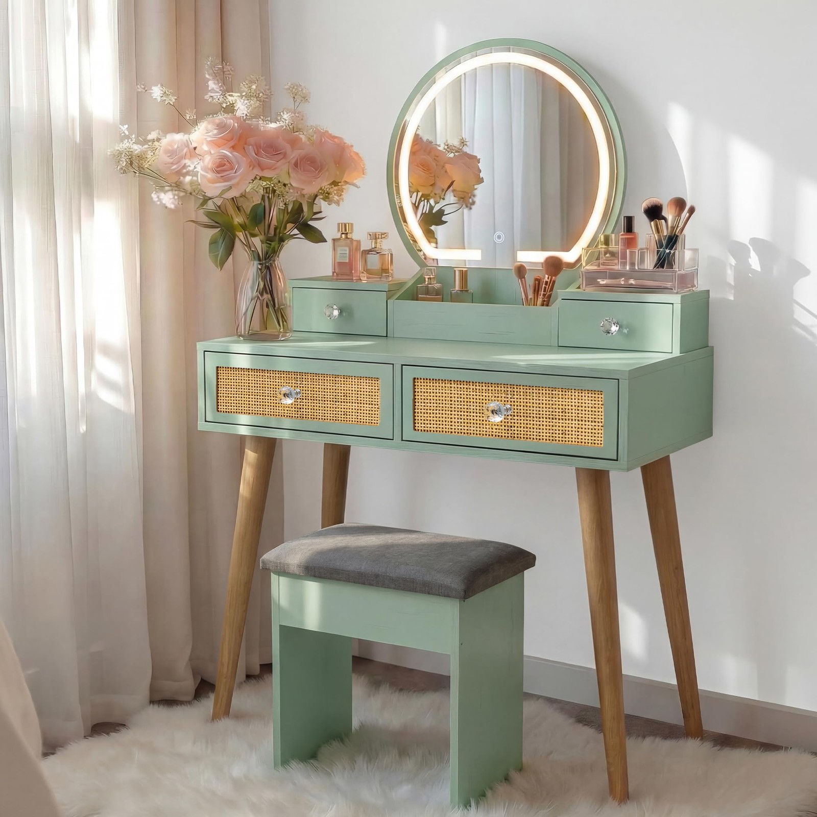 31″ Boho Natural Rattan Vanity Desk Set with 3-Mode Lighted Mirror & Stool Mint