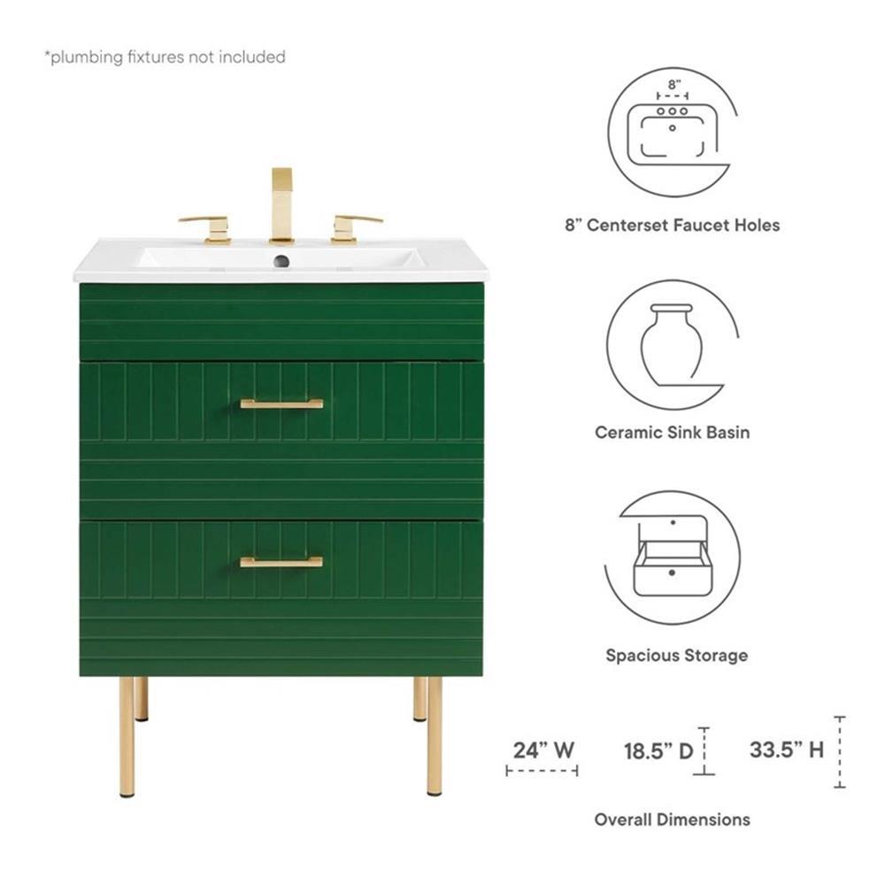 Modway Daybreak 24″ Modern Wood/Ceramic Bathroom Vanity with Gold Legs in Green
