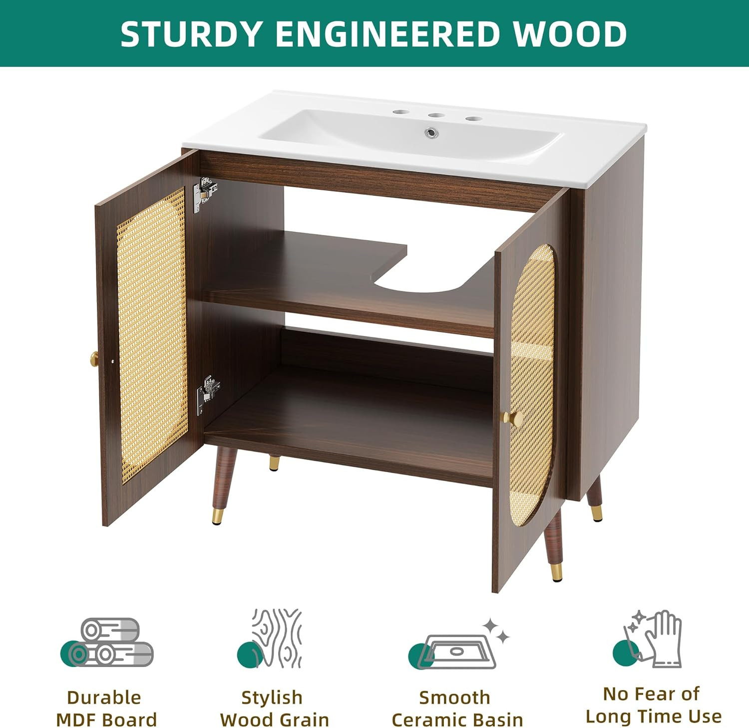 36″ Walnut Rattan Bathroom Vanity with Sink & Soft-Closing Doors, Boho Style