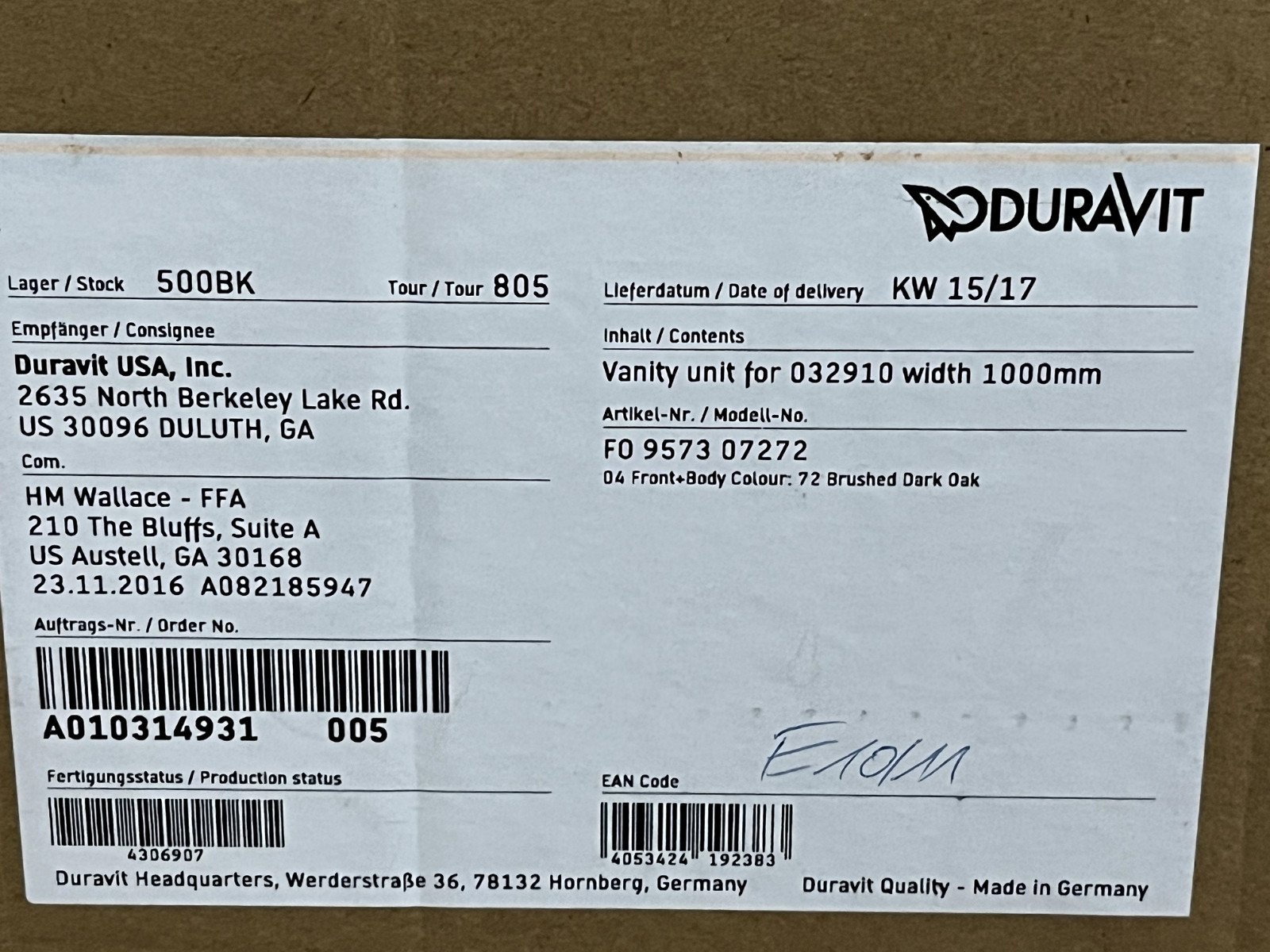 Duravit FO957307272 Fogo 39 3/8″ Wall Mount Single Bathroom Vanity #54605 L28