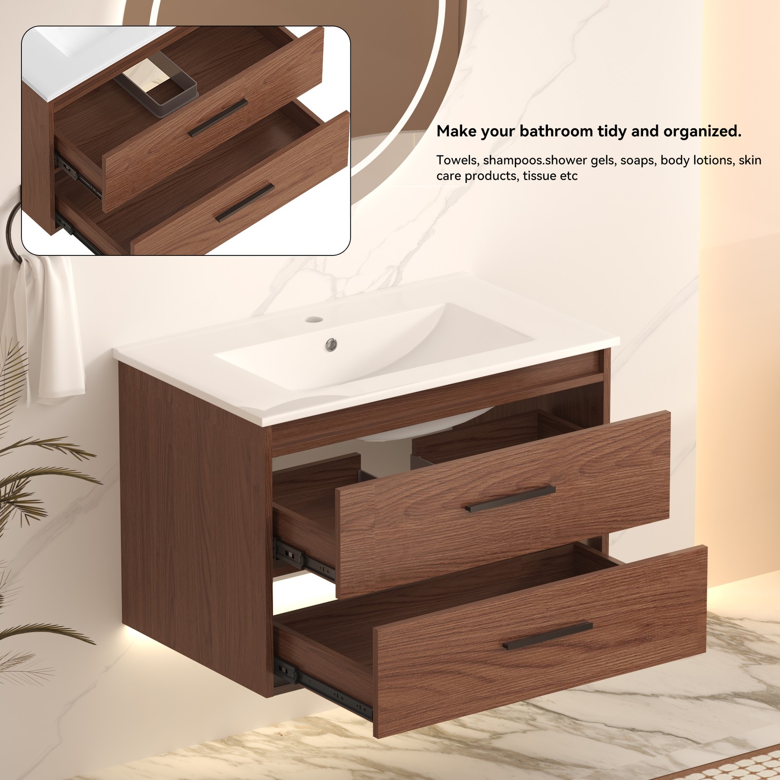 30″ reddish brown Wall Mounting Bathroom Vanity with Soft Close 2 Drawers