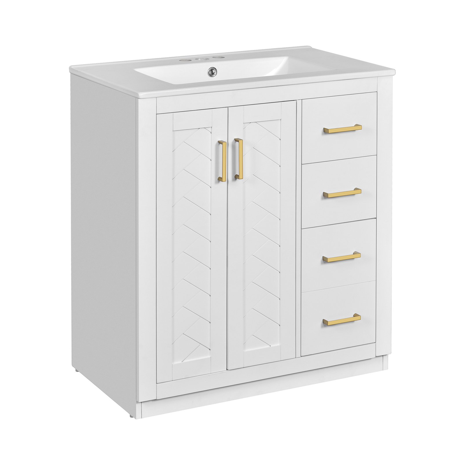30” Freestanding Bathroom Vanity with Ceramic Sink 2 Doors and 3 Drawers White