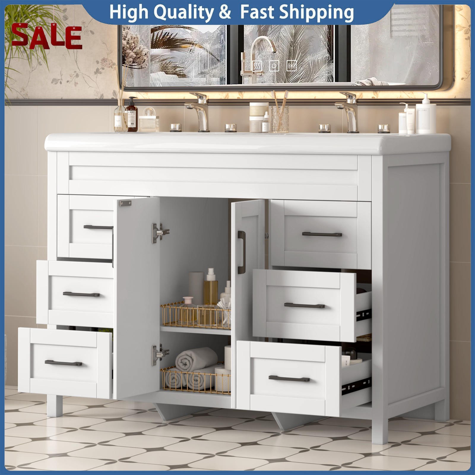 Double Ceramic Sinks Freestanding Drawer Cabinet Modern 47 Inch Bathroom Vanity