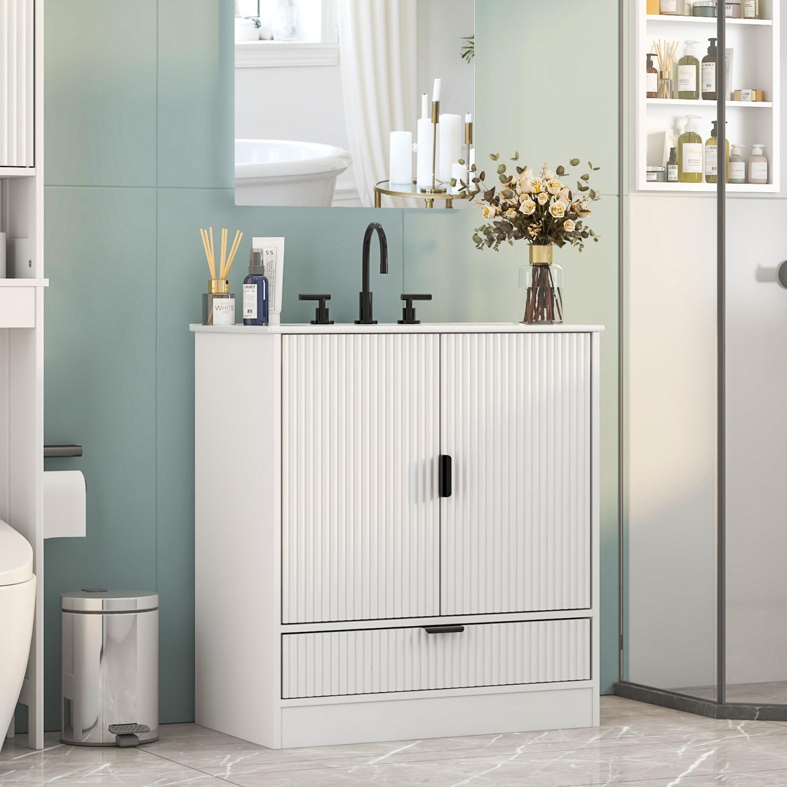 30″ Bathroom Vanity with Sink, Freestanding Vanity Storage Cabinet, 2 Doors