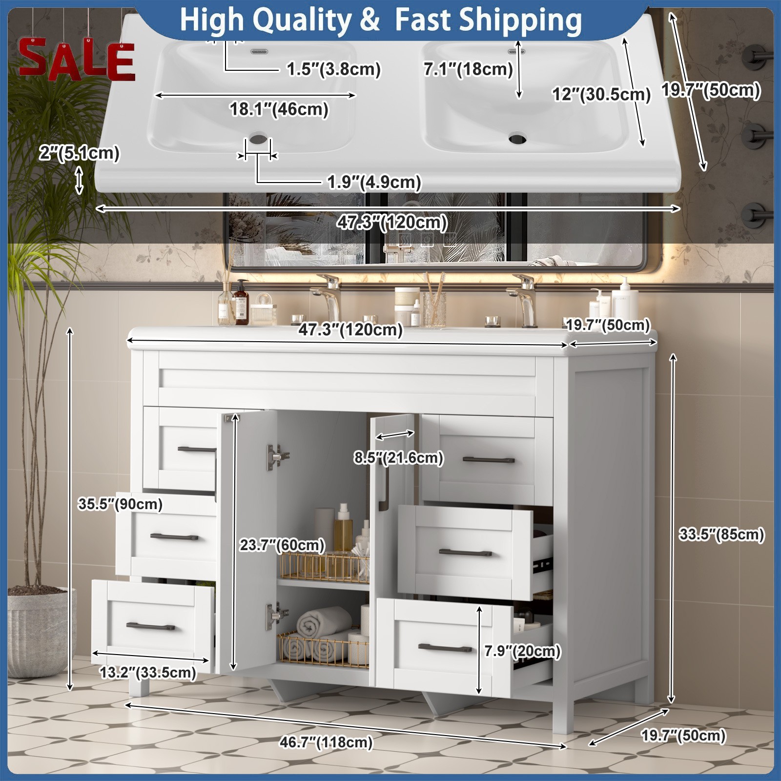 Double Ceramic Sinks Freestanding Drawer Cabinet Modern 47 Inch Bathroom Vanity