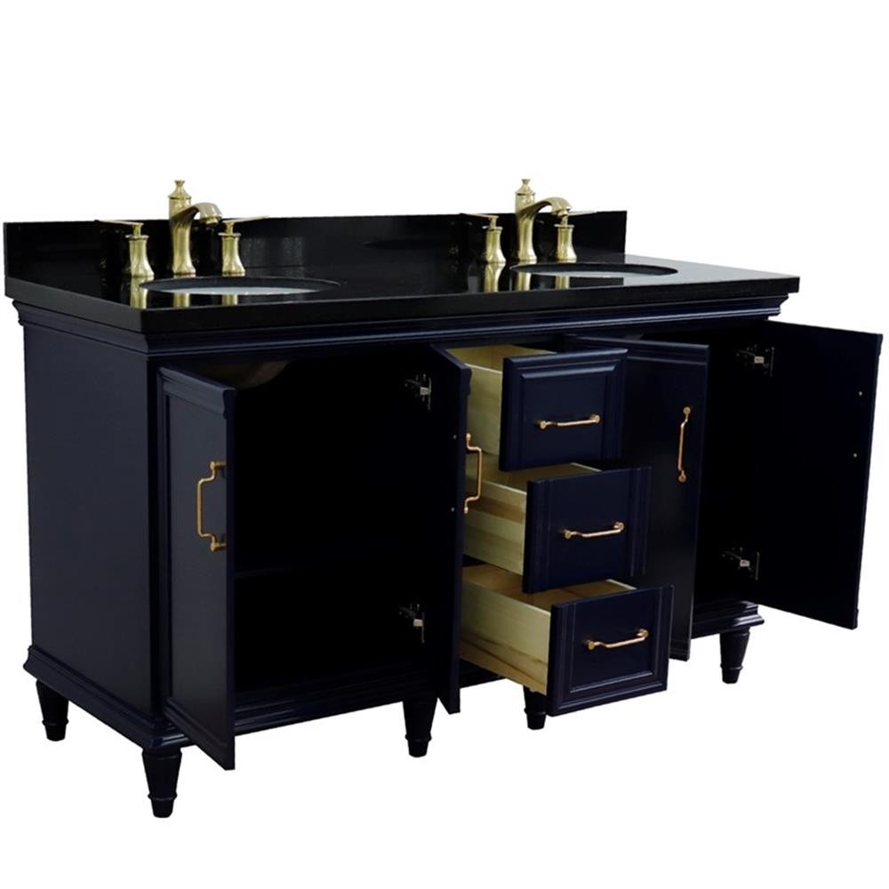 61 in. Double Wooden Vanity Blue Black Galaxy Granite Oval Sink