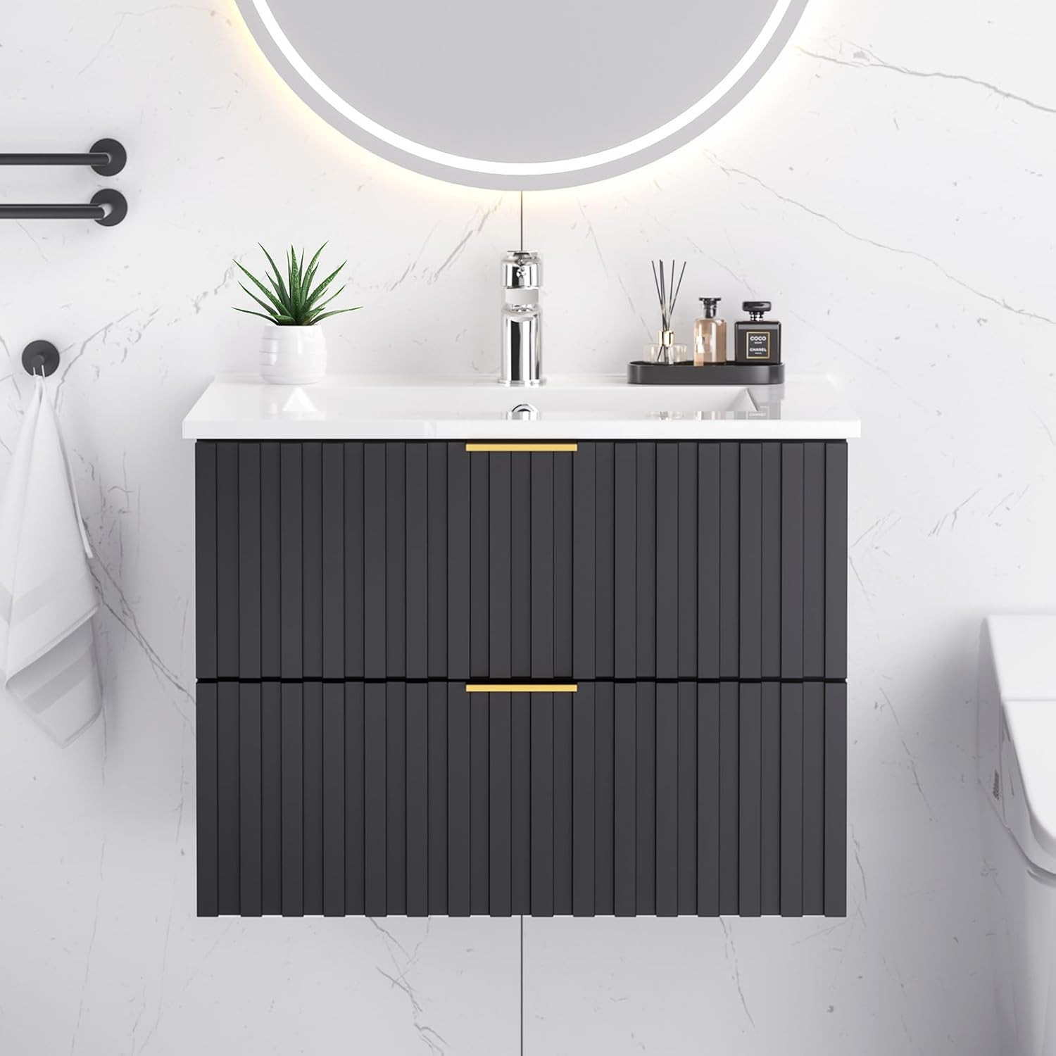 Bathroom Vanity with Sink, Wall Mounted Fluted Cabinet with 2 Golden Metal Handl