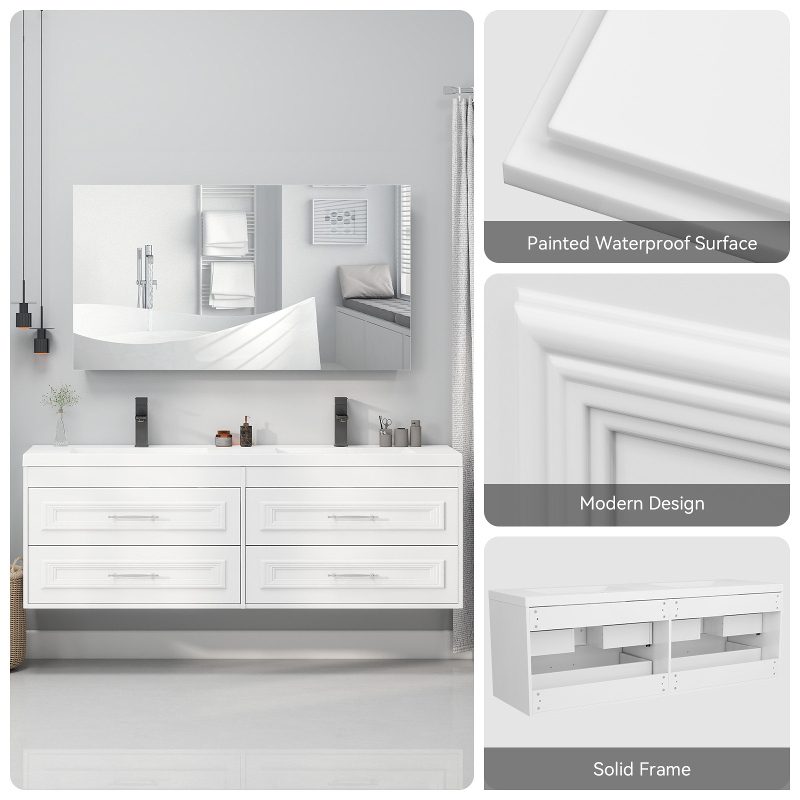 60″ Floating Vanity with Sink Wall Mounted White Soft Close Bathroom Cabinet