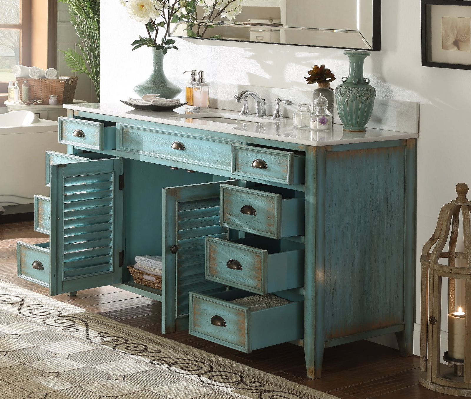 60 inch Distressed Vintage Vanity with Top & Mirror Abbeville CF-66323BU-MIR
