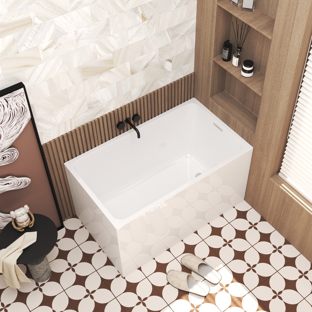 White Rectangular 47×28-inch Acrylic Soaking Tub, Chrome Drain, Easy Clean