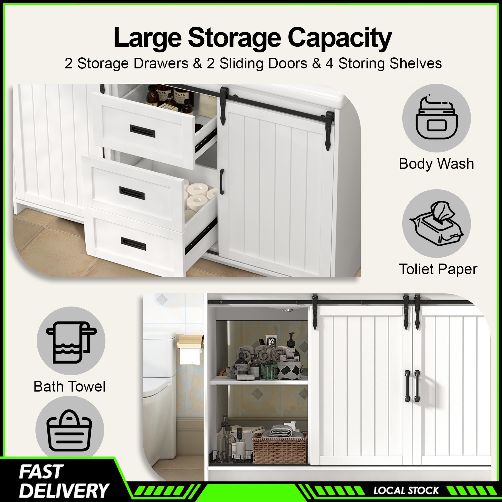 Modern 47″ White Bathroom Vanity Double Ceramic Sinks 2 Drawers 2 Sliding Doors