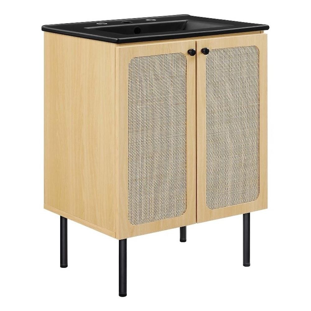 Modway Chaucer 24″ Wood & Rattan Bathroom Vanity in Oak/Black