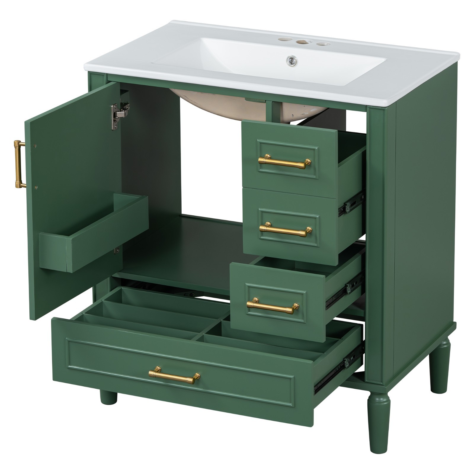 30″Green Floor Standing Single Sink Bathroom Vanity Cabinet Three Drawers Storag