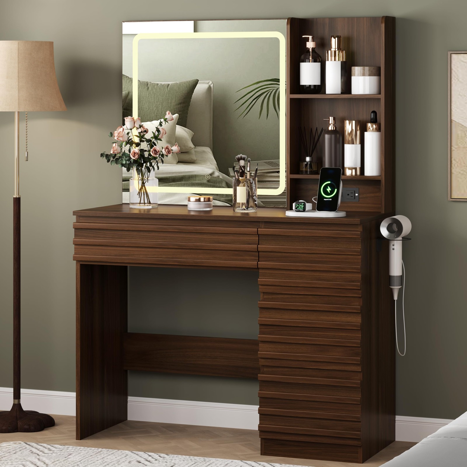 Makeup Vanity Desk with LED Lighted Mirror Fluted 4 Drawers Power Outlet Walnut