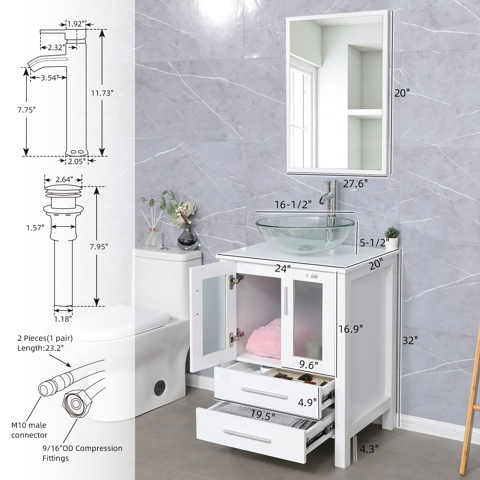 24″ White Bathroom Vanity Set Tempered Clear Glass Vessel Sink Combo No Mirror