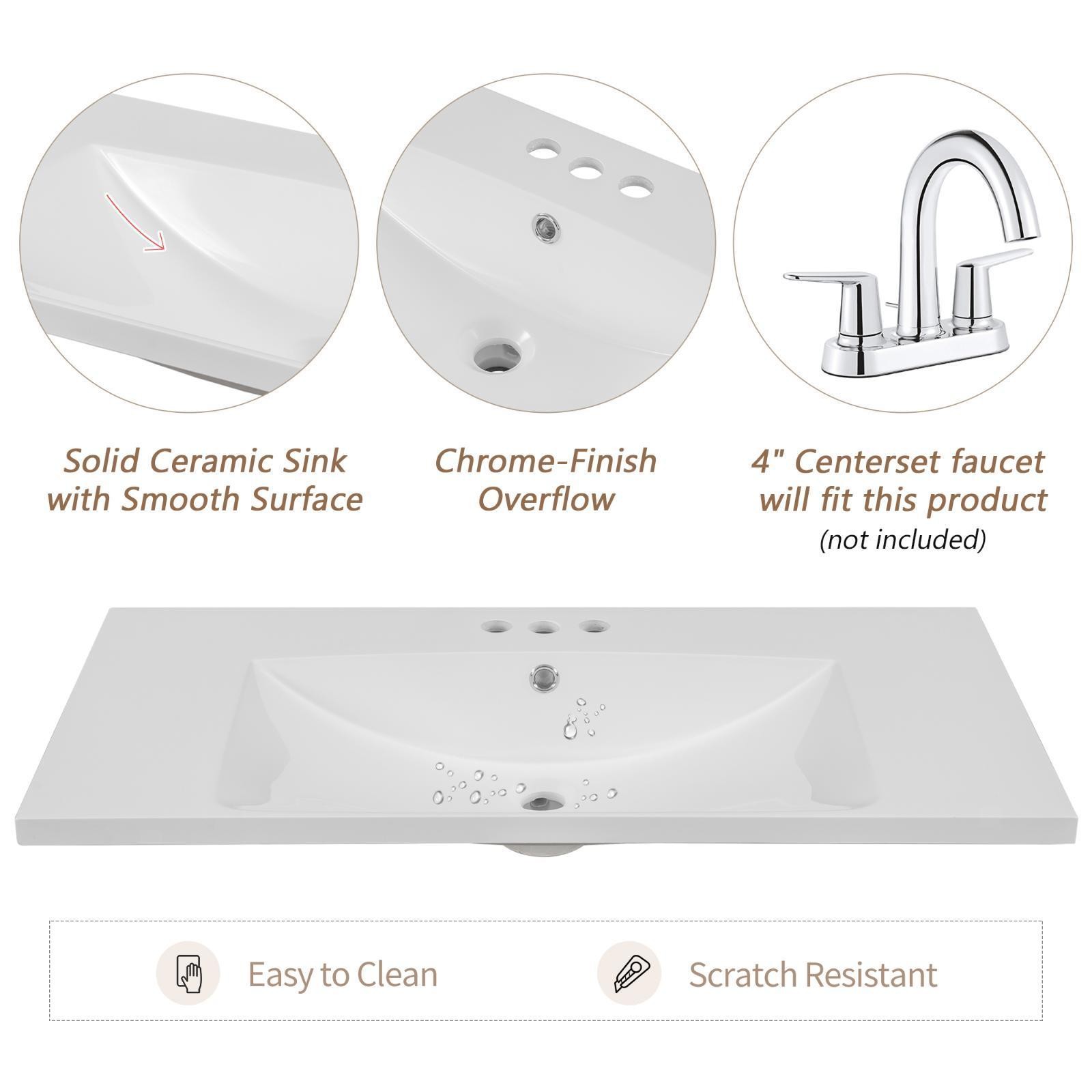 36″ Bathroom Vanity with Sink, Cabinet and Three Drawers, Solid Wood and