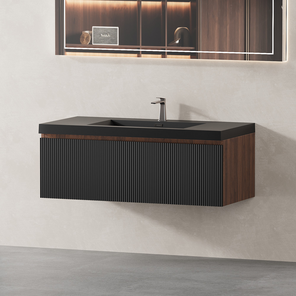 42″ Wall Mounted Bathroom Vanity w/Black Sink, Floating Vanity Cabinet, Drawer