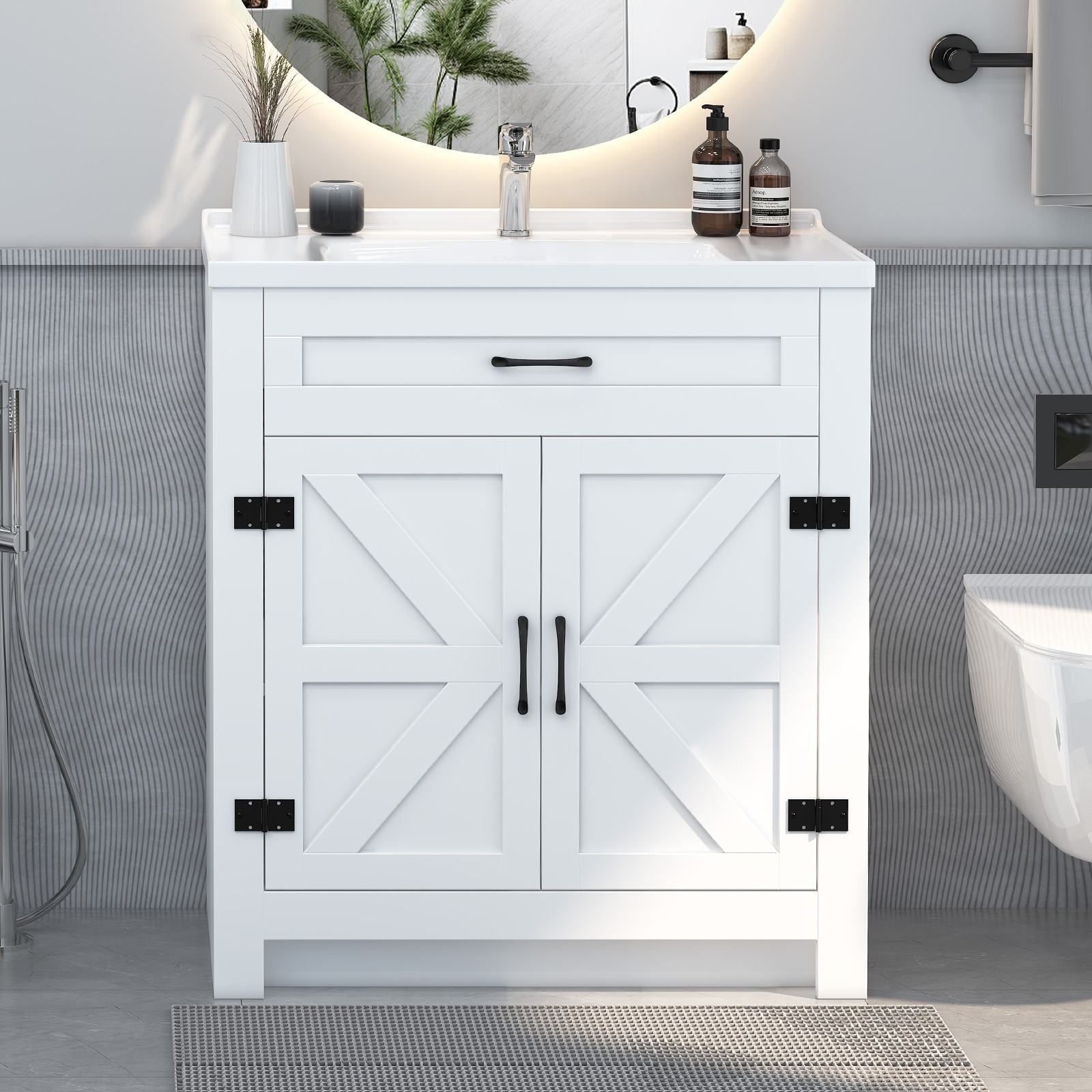 31in White Bathroom Vanity with Ceramic Sink,Divider Drawer & 2 Soft-close Doors
