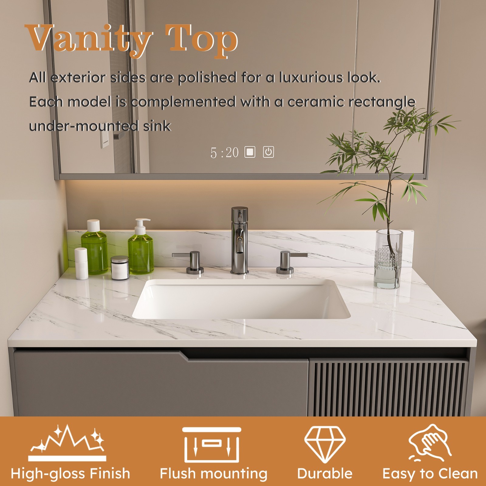37″ White Marble Vanity Top w/ Undermount Sink, 3 Holes, 4″ Backsplash