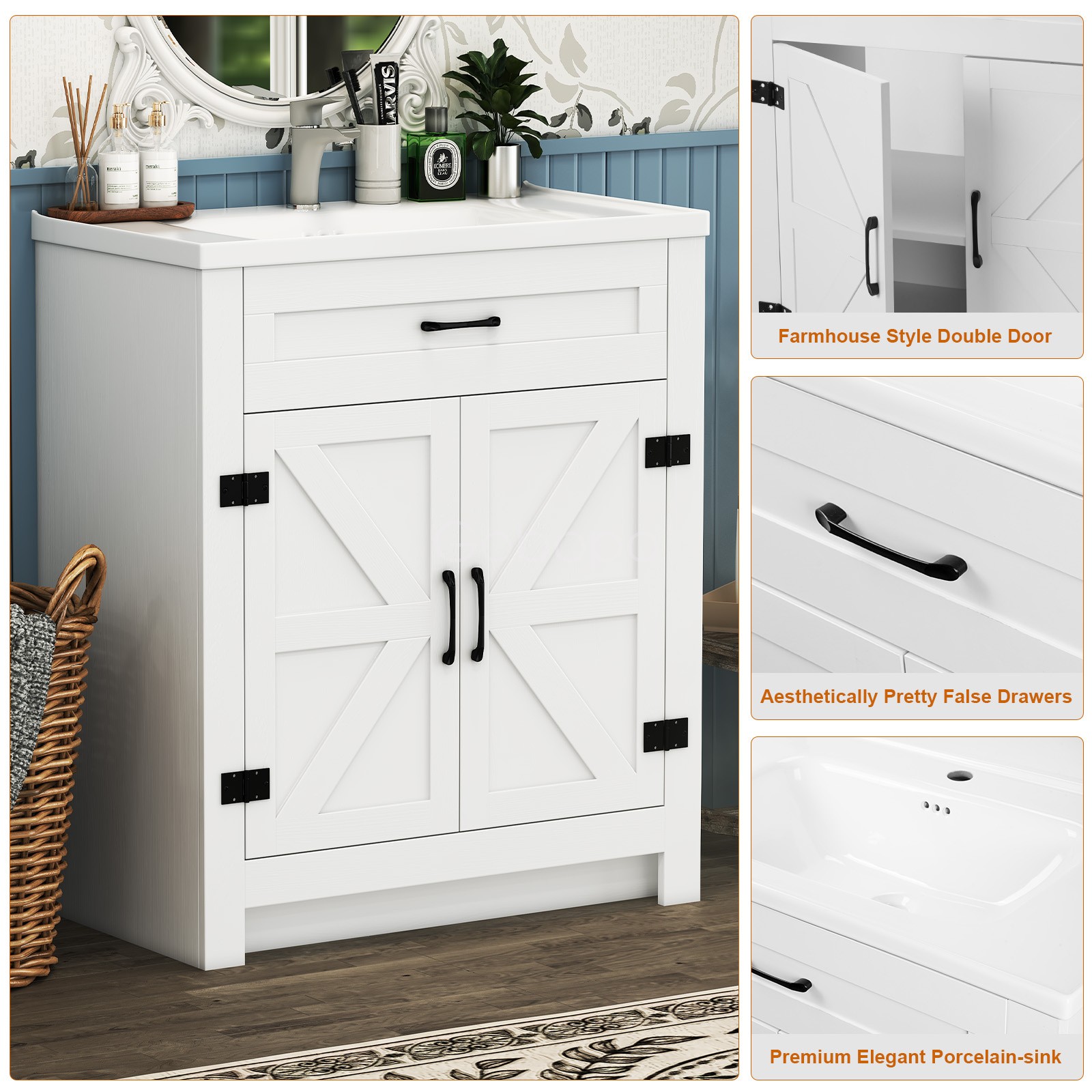 23” Bathroom Vanity w/Ceramic Sink Modern Freestanding Storage Vanity Cabinet