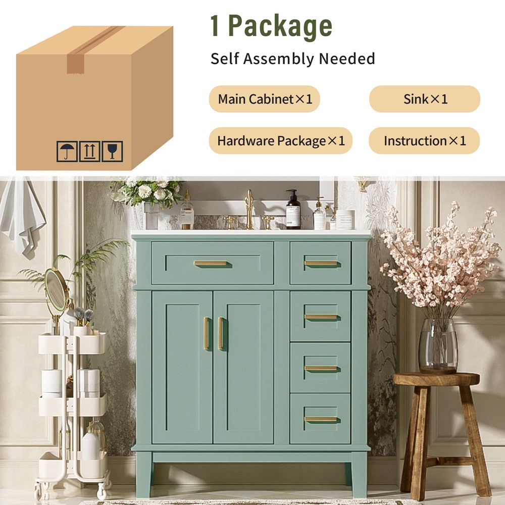 30″ Bathroom Vanity w/Sink, Freestanding Vanity Storage Cabinet, 2 Drawers,Doors