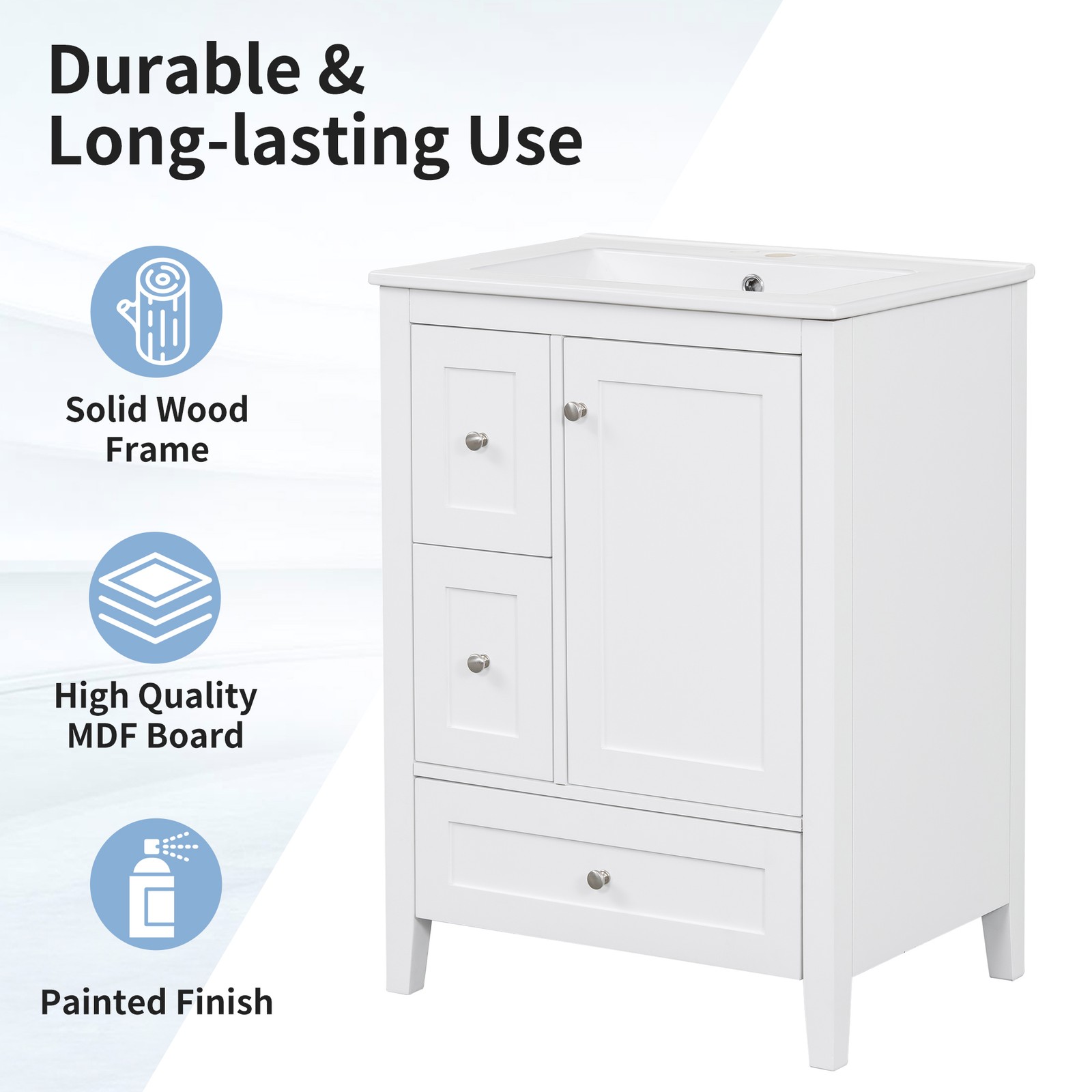 24″ Bathroom Vanity w/Storage, Adjustable Shelf Modern Bathroom Storage Cabinet
