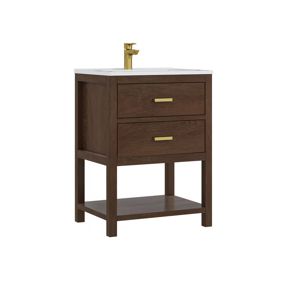 Magen 25 In. Single Sink Bath Vanity in Walnut with White Engineered Solid Surfa