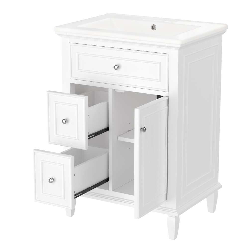 24 Inch White Bathroom Vanity with Ceramic Sink Solid Wood MDF Cabinet