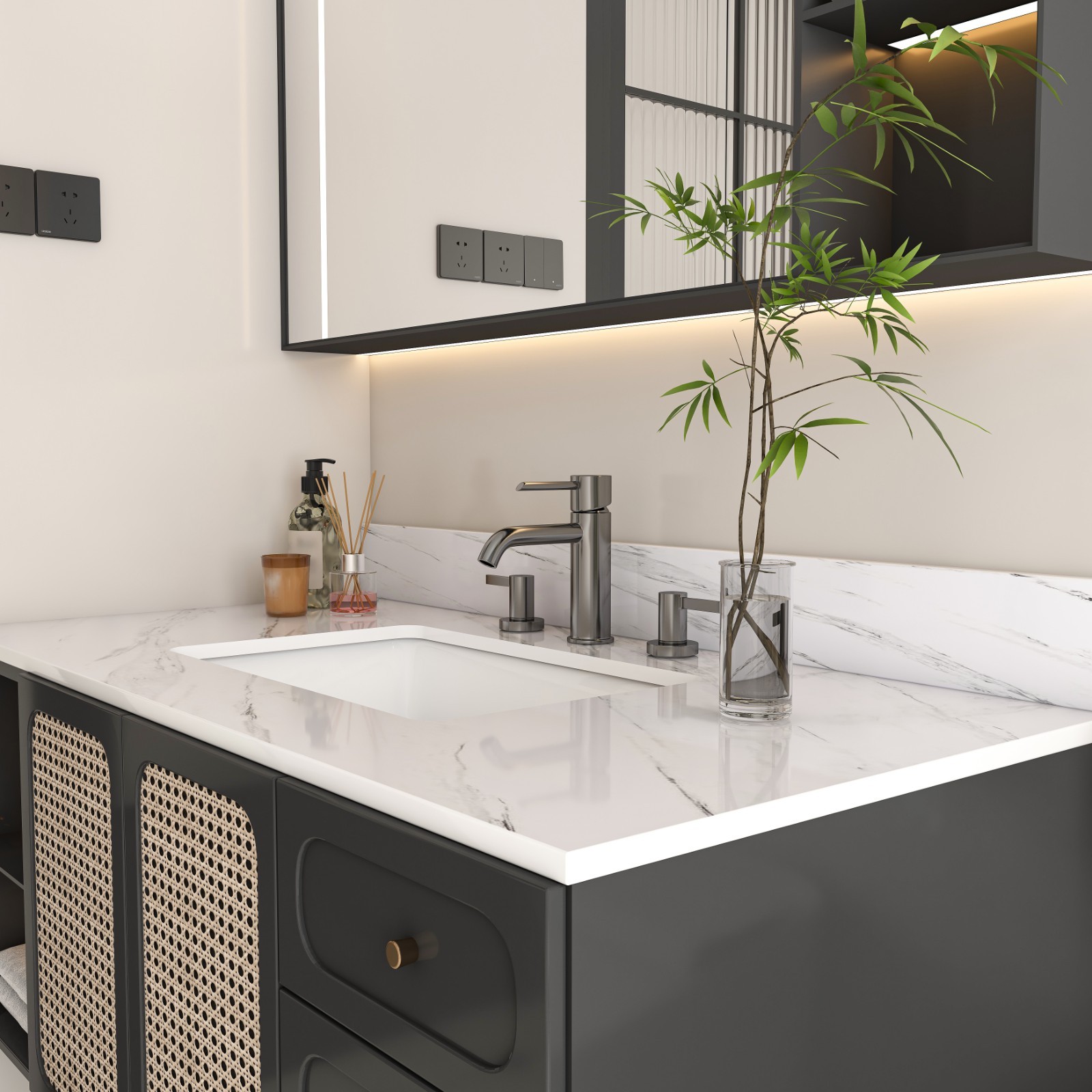 43″ White Marble Vanity Top w/ Undermount Sink, 1 Holes, 4″ Backsplash