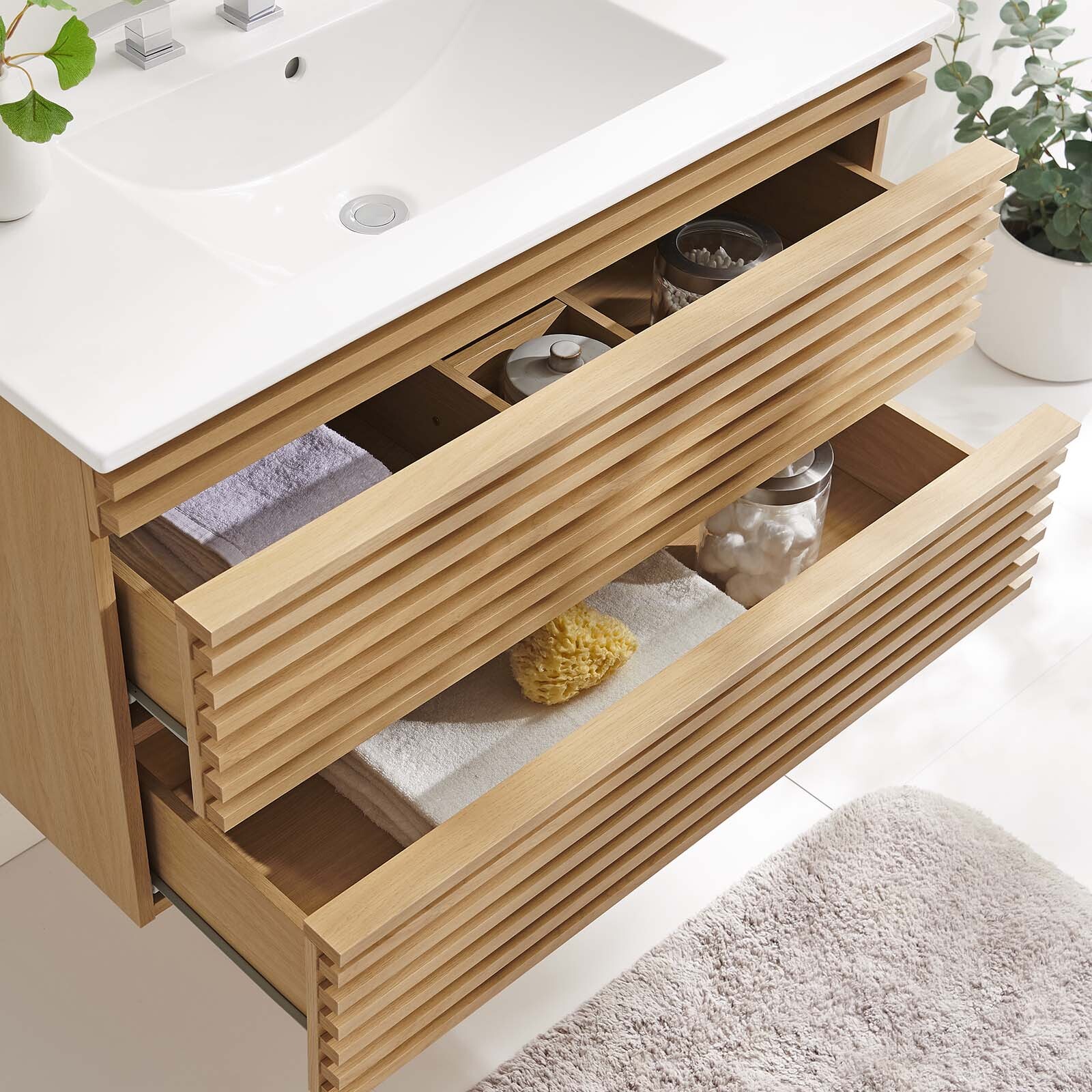 Modway Render 36″ Wall-Mount Bathroom Vanity in Oak White