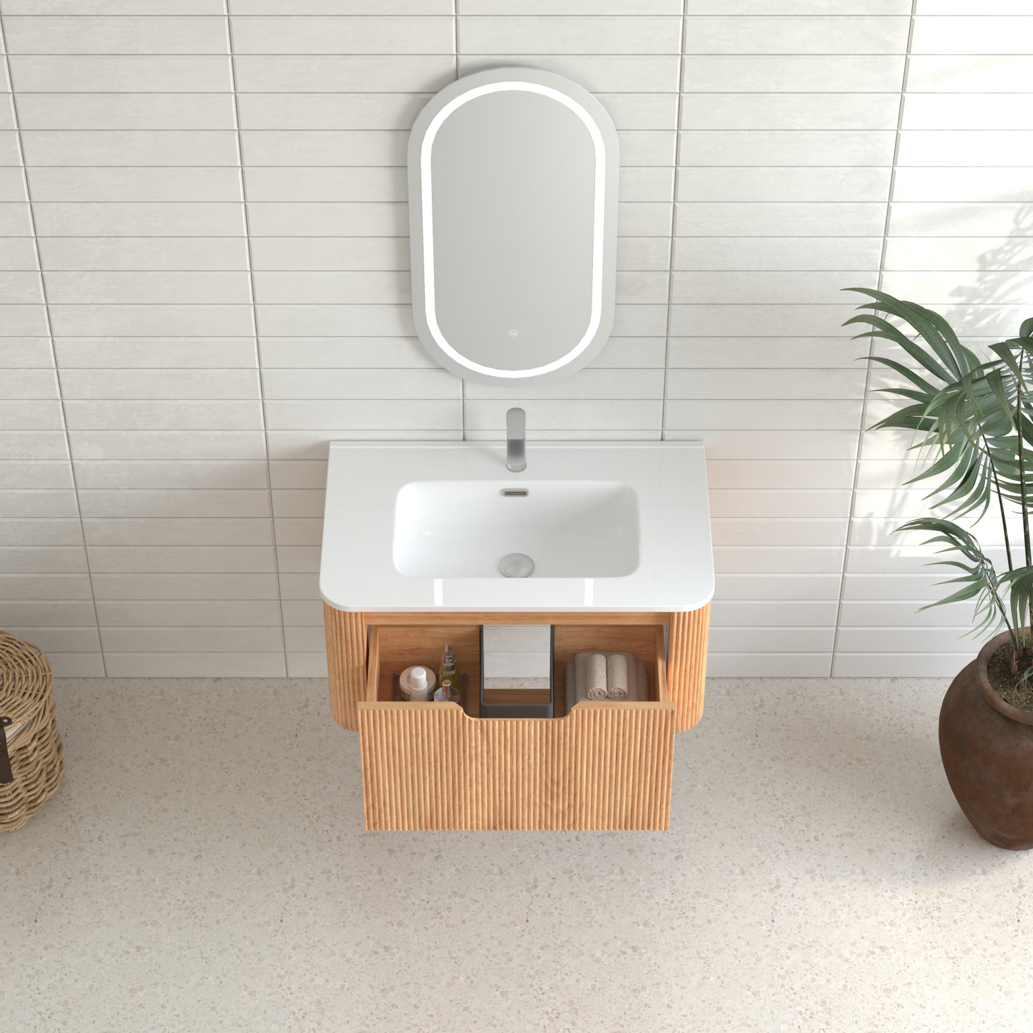 30″ Floating Bathroom Vanity in Walnut with White Ceramic Basin