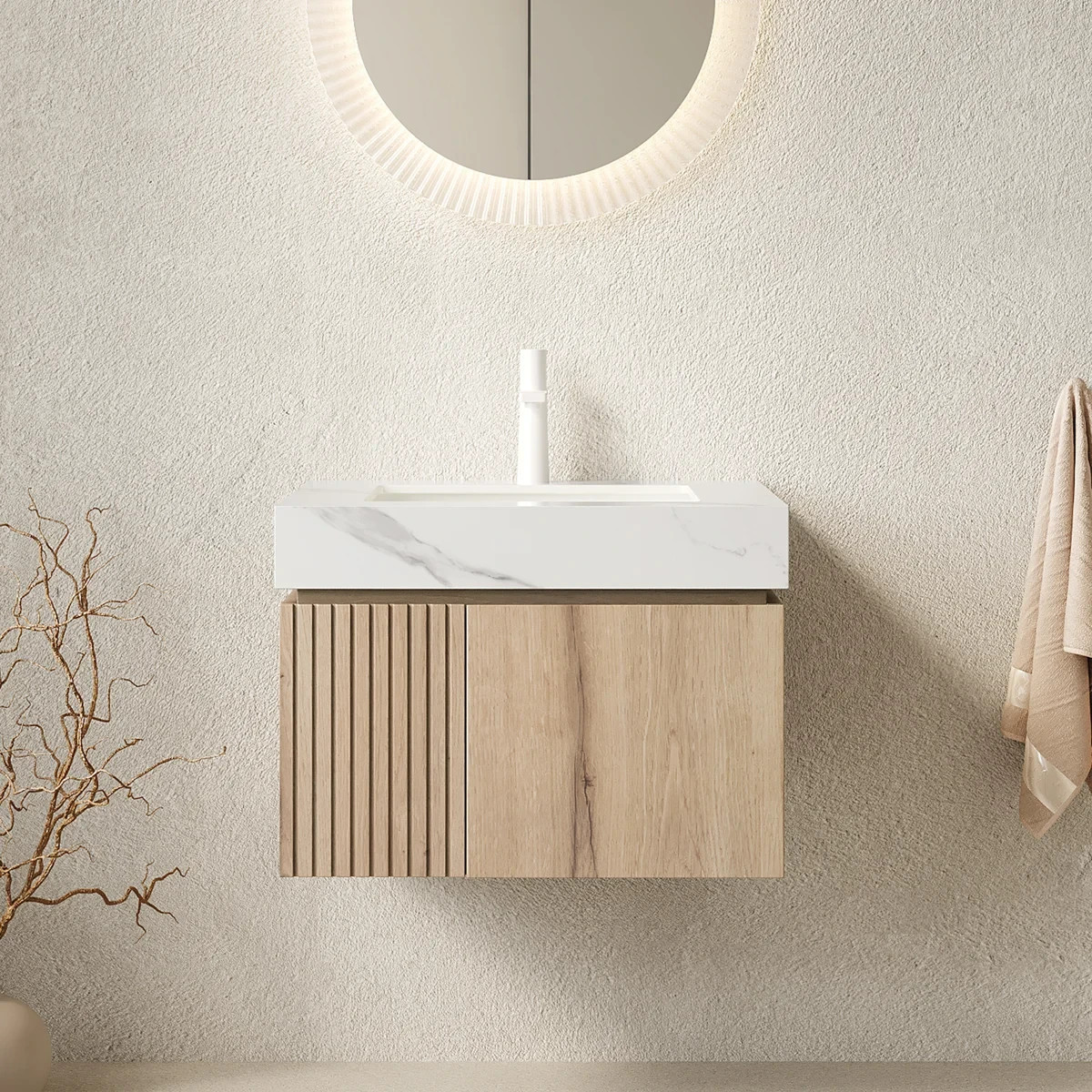 24” White Oak Bathroom Vanity with Gray Stone Top & Sink