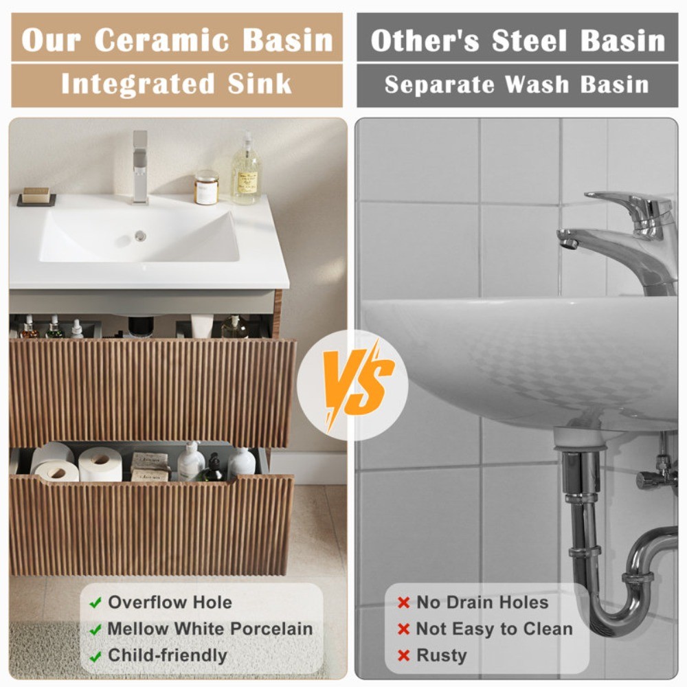24″ Wall Mounted Single Bathroom Vanity with Ceramic Sink & Faucet, White/Oak