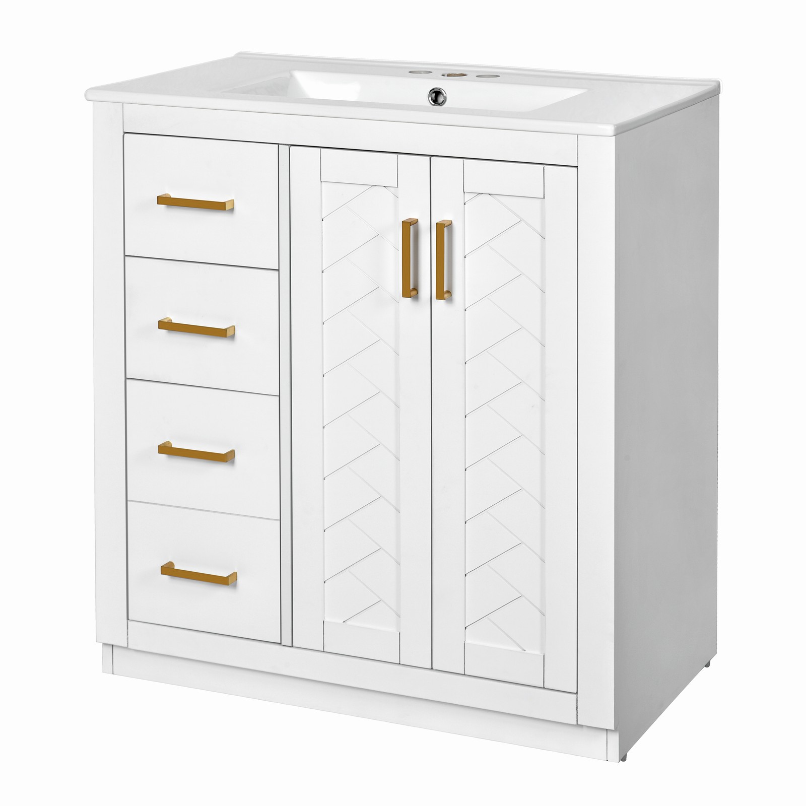30” Bathroom Vanity with Ceramic Sink Combo,Solid Wood Frame Bathroom Cabinet