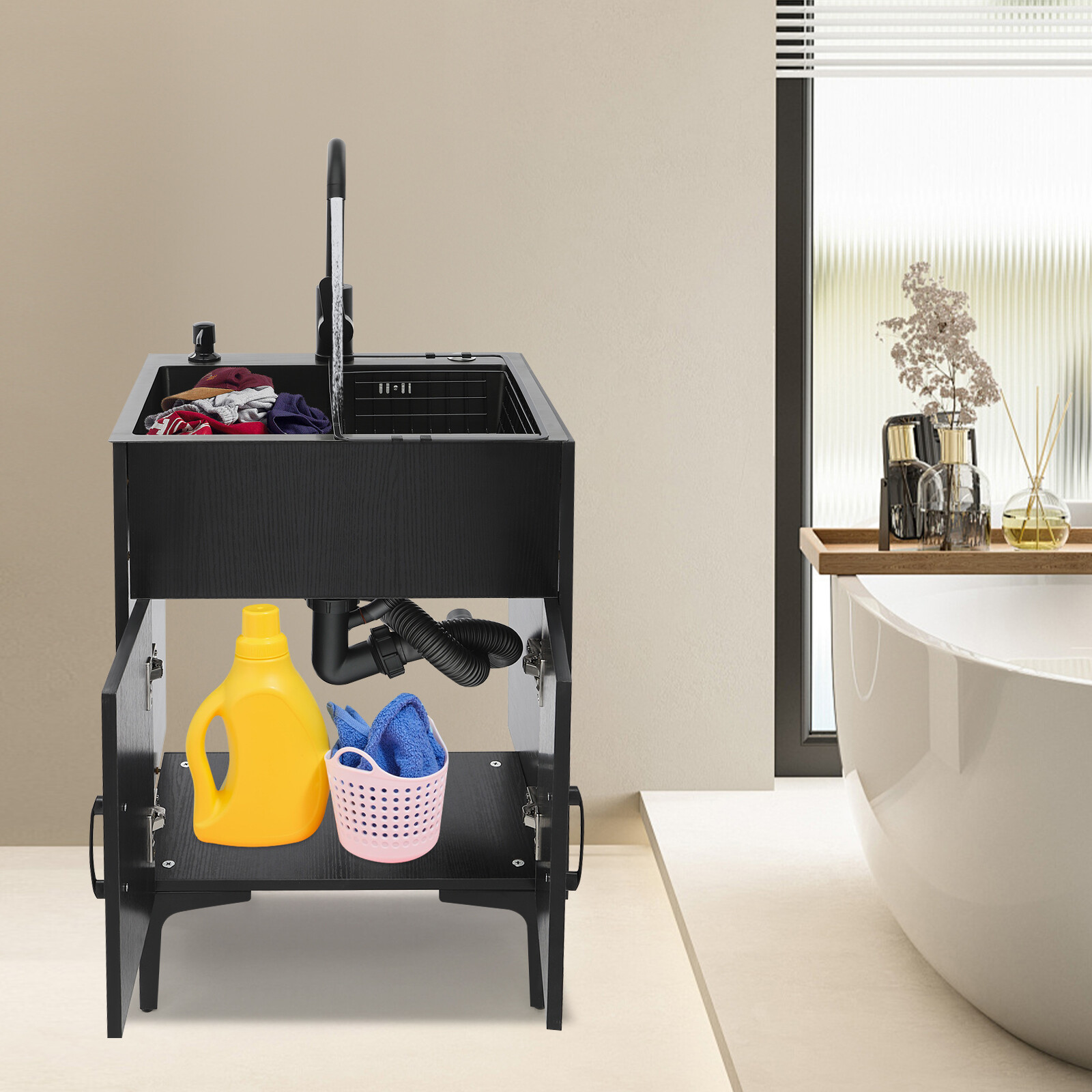 Bathroom Vanity Cabinet Storage with Sink Combo with Drawers and Shelves Black