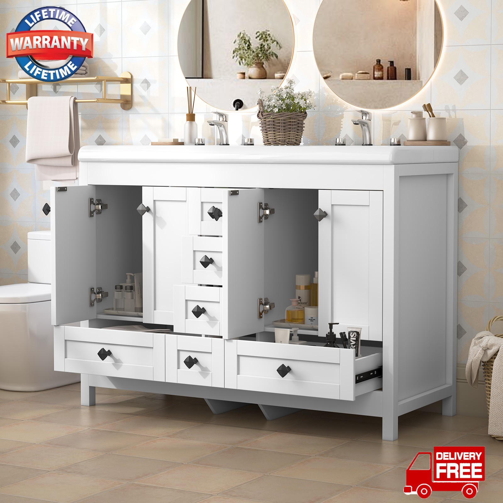 46″ Bathroom Vanity with Ceramic Sink Freestanding Storage Cabinet w/ 5 Drawers