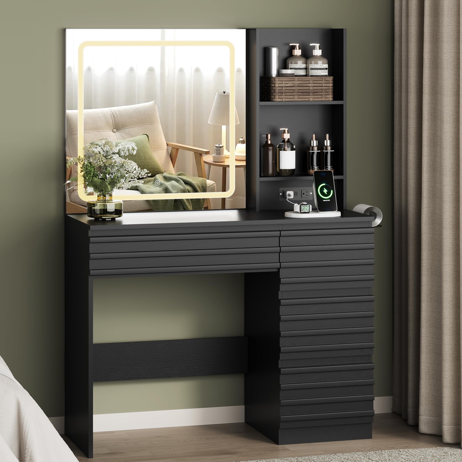 Black Fluted Vanity Desk with LED Mirror 4 Drawers Outlet 3 Modes Open Shelf