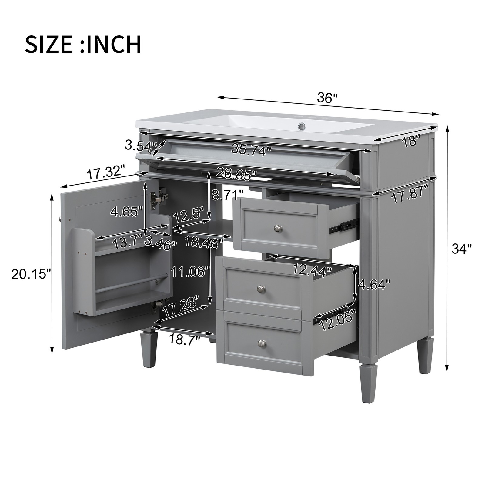 Single sink bathroom dressing table,2 soft-closed doors and 2 drawers