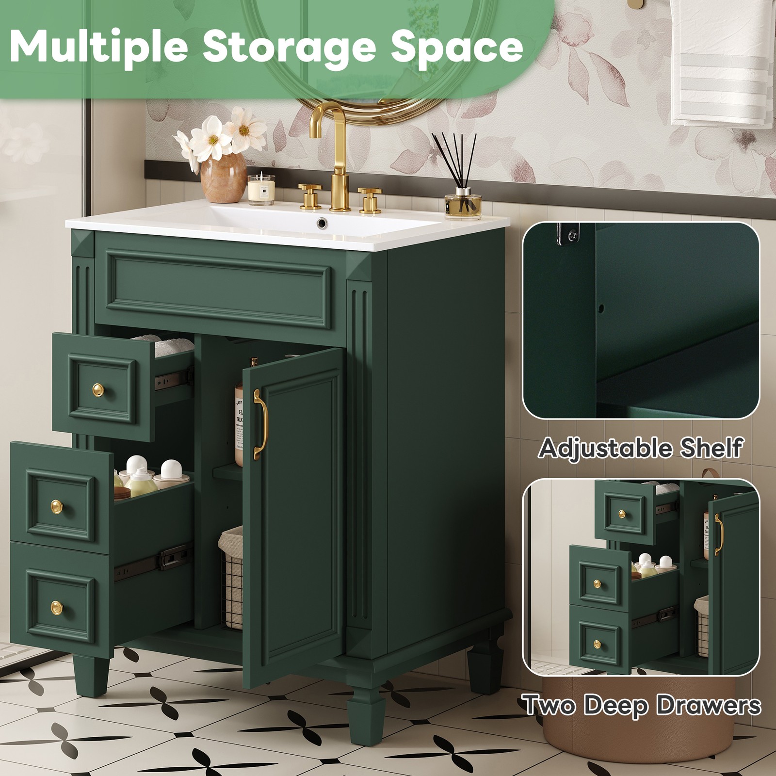 24″ Bathroom Vanity with Ceramic Sink, 2 Drawers, Adjustable Shelf